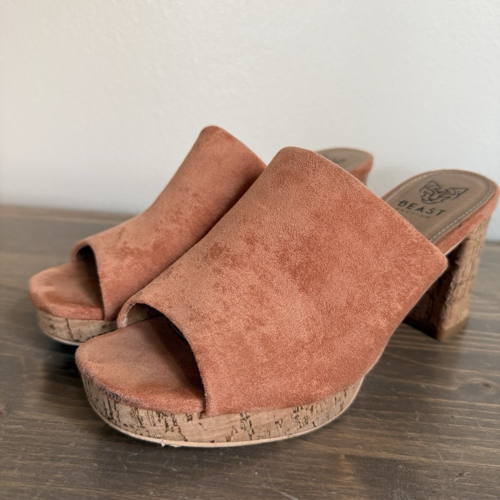 Beast Fashion Womens 7 Tan Brown Faux Suede Peep Toe Slip On Cork Heels Sandals